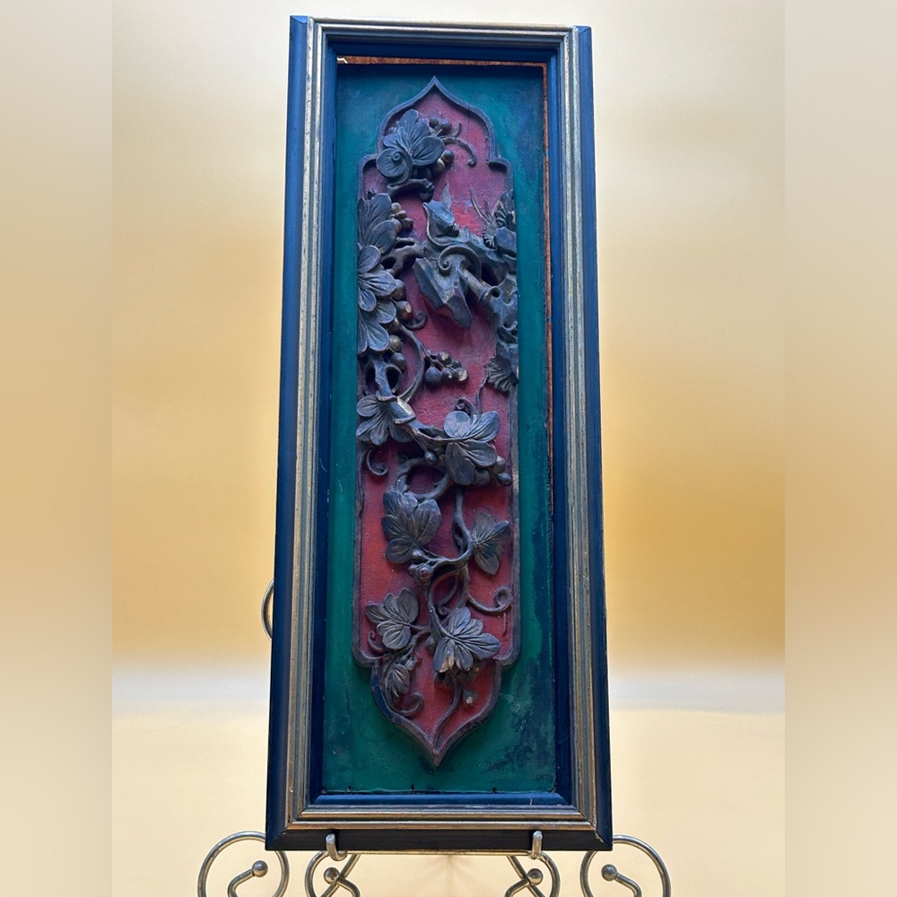 Vintage Asian carved wood panel art decor, chinoiserie, Asian decor